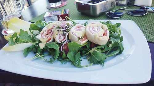 High angle view of food in plate on table