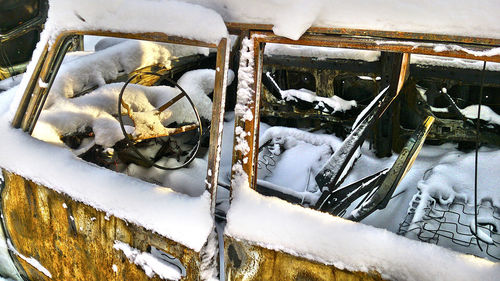 Close-up of snow covered car