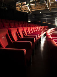 Empty red chairs at movie theater