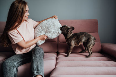 French bulldog biting pillow on the pink sofa at home while cheerful woman trying to protect her	
