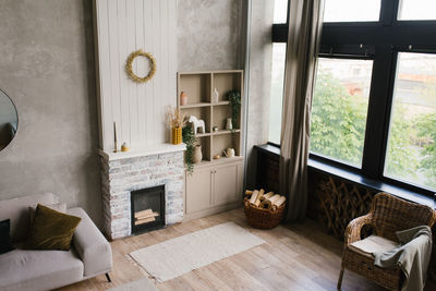 Interior of the living room with fireplace of a scandinavian-style country house