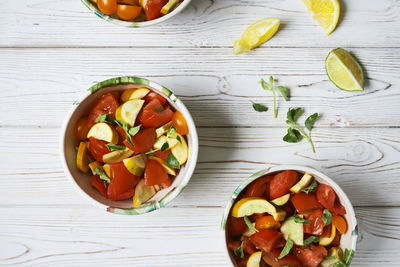 High angle view of fruits in bowl on table