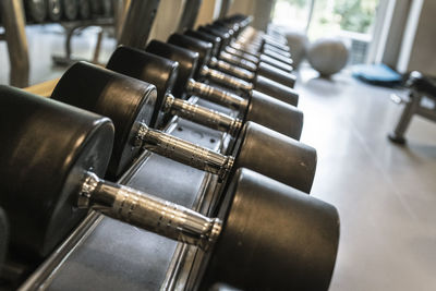 Close-up of dumbbells in gym