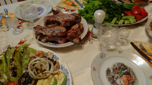 High angle view of meal served on table