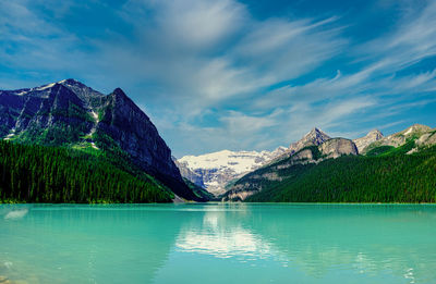 Scenic view of lake louise by mountains against sky