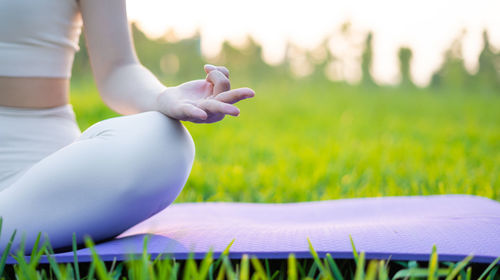 Low section of woman sitting on grass