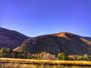 Scenic view of mountains against clear blue sky