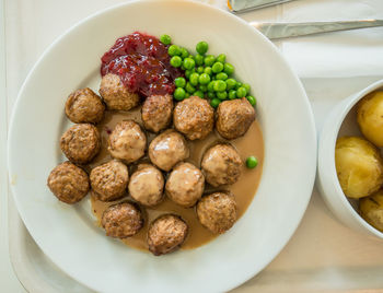 High angle view of food in plate on table