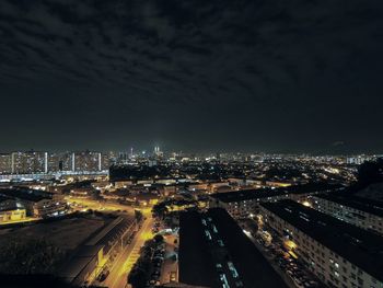 High angle view of city street at night