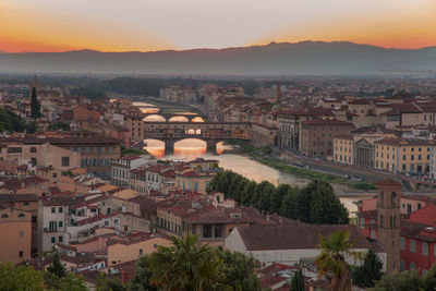 High angle shot of townscape against sky at sunset