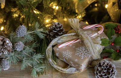Close-up of christmas decorations on table