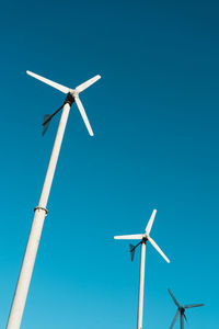 Low angle view of windmill against clear blue sky