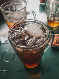 High angle view of ice tea on table