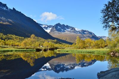 Scenic view of lake and mountains against sky