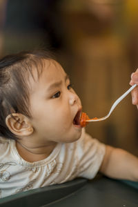 Cropped hand of person feeding girl at home