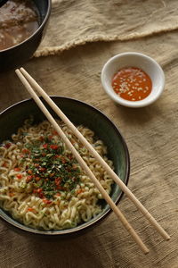 High angle view of food in bowl on table