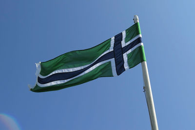 Low angle view of flags against clear blue sky