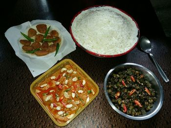 High angle view of meal served on table