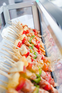 High angle view of chopped vegetables in plate on table