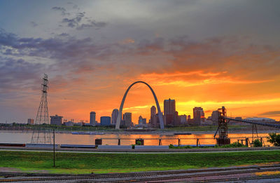 Buildings in city at sunset