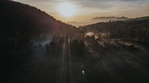 Sunlight streaming through trees on mountain against sky during sunset
