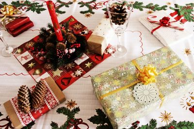 High angle view of christmas tree on table