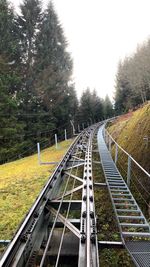 High angle view of railroad tracks amidst trees against sky