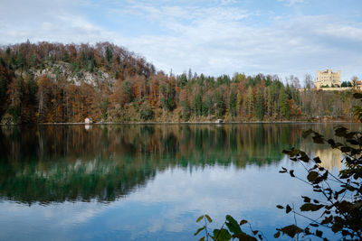 Scenic view of lake by trees against sky