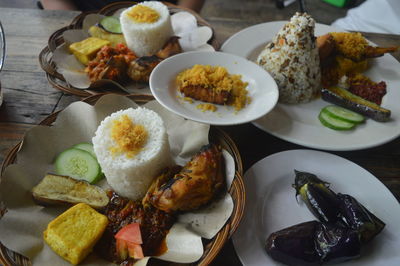 High angle view of food served on table