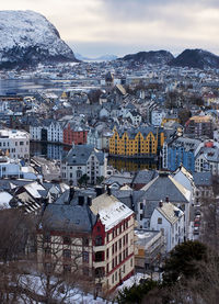 Winter view over Ålesund from fjellstua in snow, norway