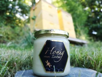 Close-up of drink in jar on table