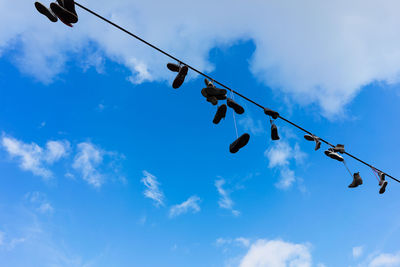 Low angle view of clothespins on clothesline against sky