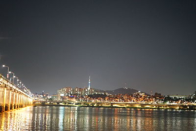 Illuminated buildings in city at night