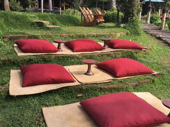 Empty chairs in park