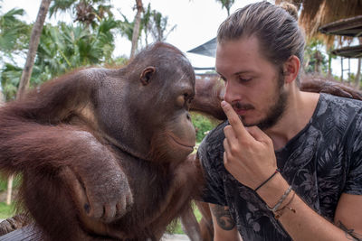 A men bonding with an orangutan