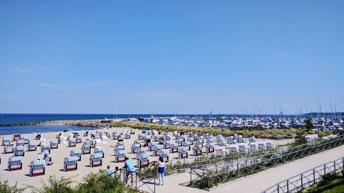 High angle view of beach against blue sky