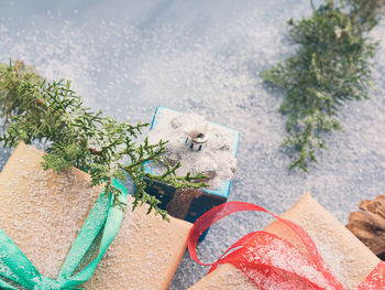 Christmas new year wrapped gift box with ribbon and snow. pine cones and decorations. 