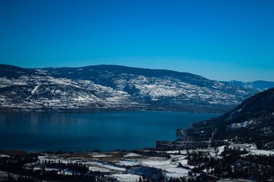 Scenic view of lake by snowcapped mountains against clear blue sky