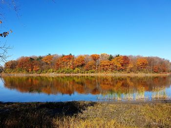 Scenic view of lake against clear blue sky