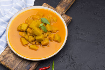 High angle view of soup in bowl on table