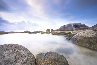 Scenic view of sea and rocks against sky