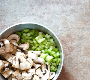 High angle view of chopped vegetables in bowl