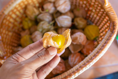 Cape gooseberry fruit , golden berry in basket and on hand.