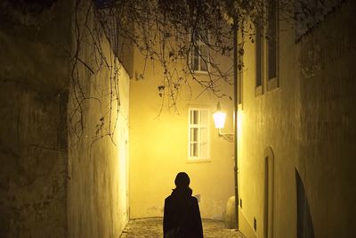 Rear view of woman walking on illuminated alley amidst buildings