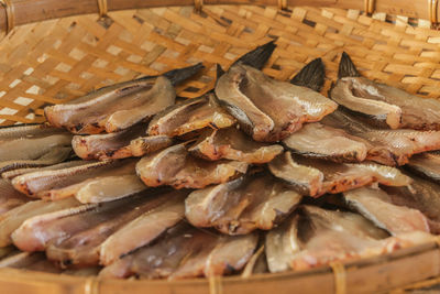 High angle view of seafood in basket for sale at market