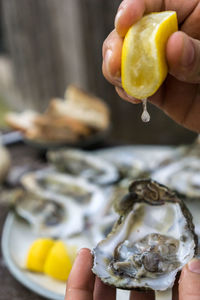 Cropped hand squeezing lemon on oyster