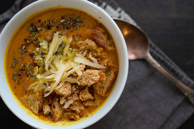 High angle view of soup in bowl on table