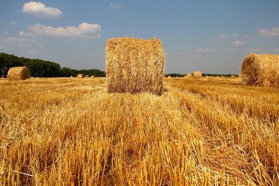 Hay bale on field against sky