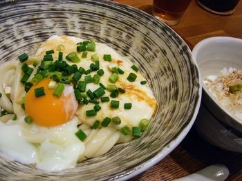 High angle view of breakfast served on table