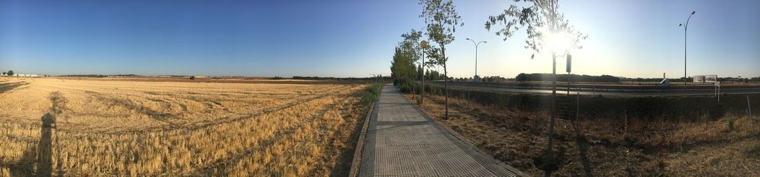 Panoramic view of dirt road on field against sky